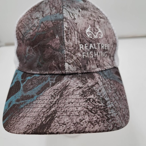 Real Tree Fishing 4 Panel Mesh 2 panel Fabric Blue Gray Camo Adj. Cap Ball Hat - Picture 1 of 6